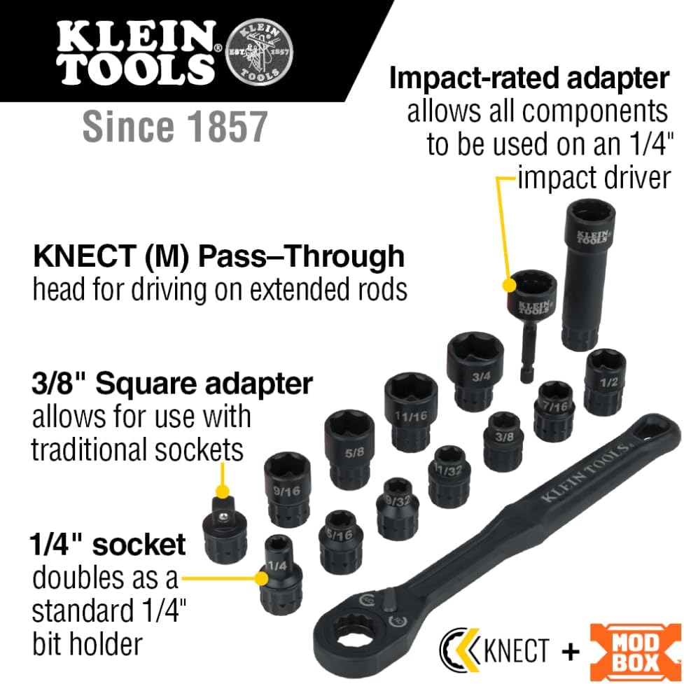Klein Tools 65400 KNECT 15-Piece Pass Through Socket Set