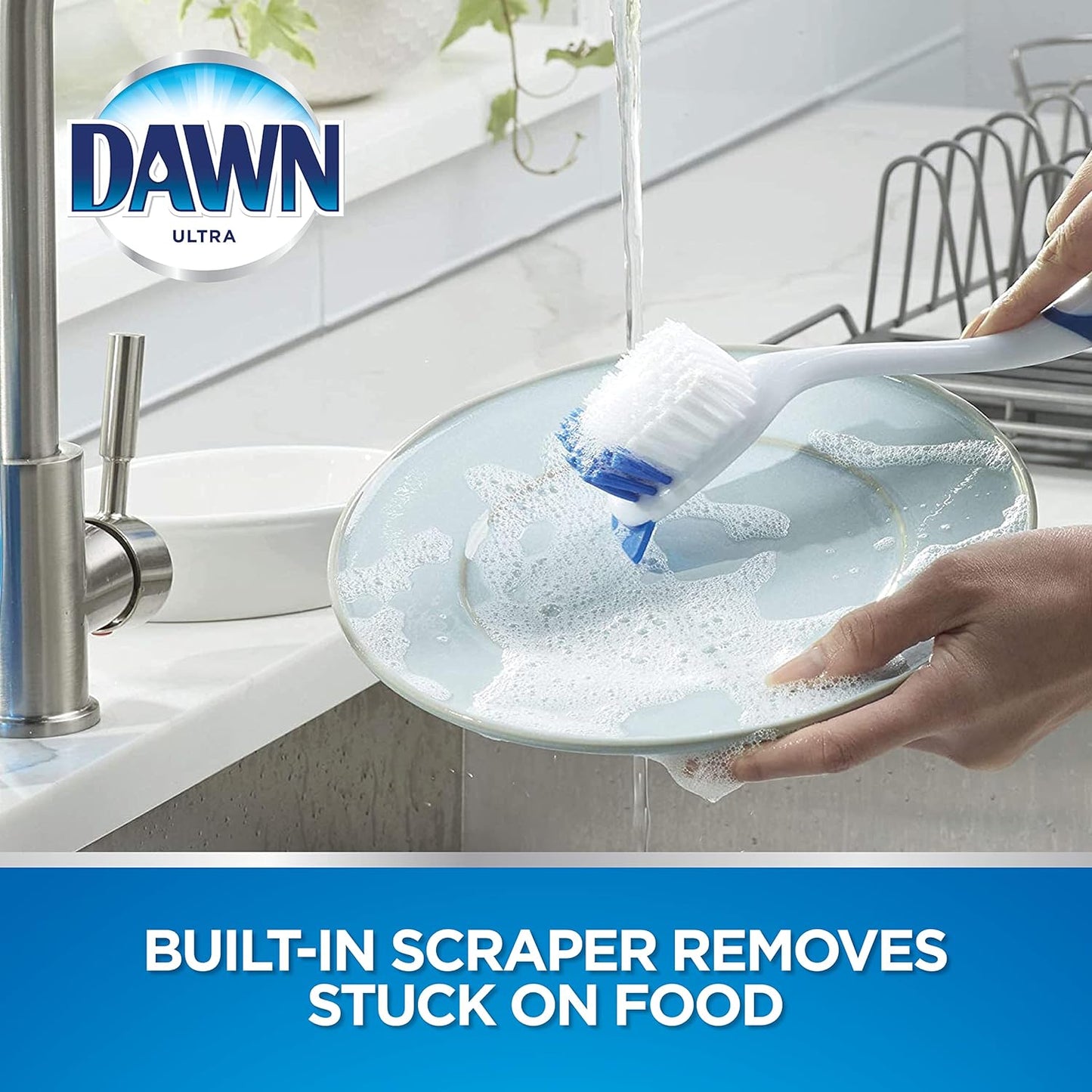 Dawn Dish Brush with Soft Nylon Bristles and Scraper