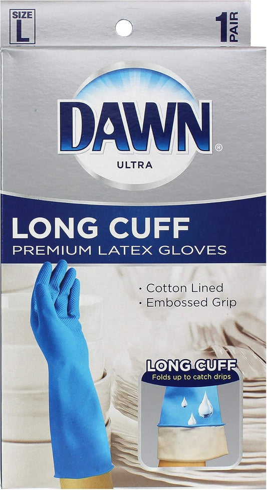 Dawn Large Reusable Latex Gloves, Long Cuff, Blue