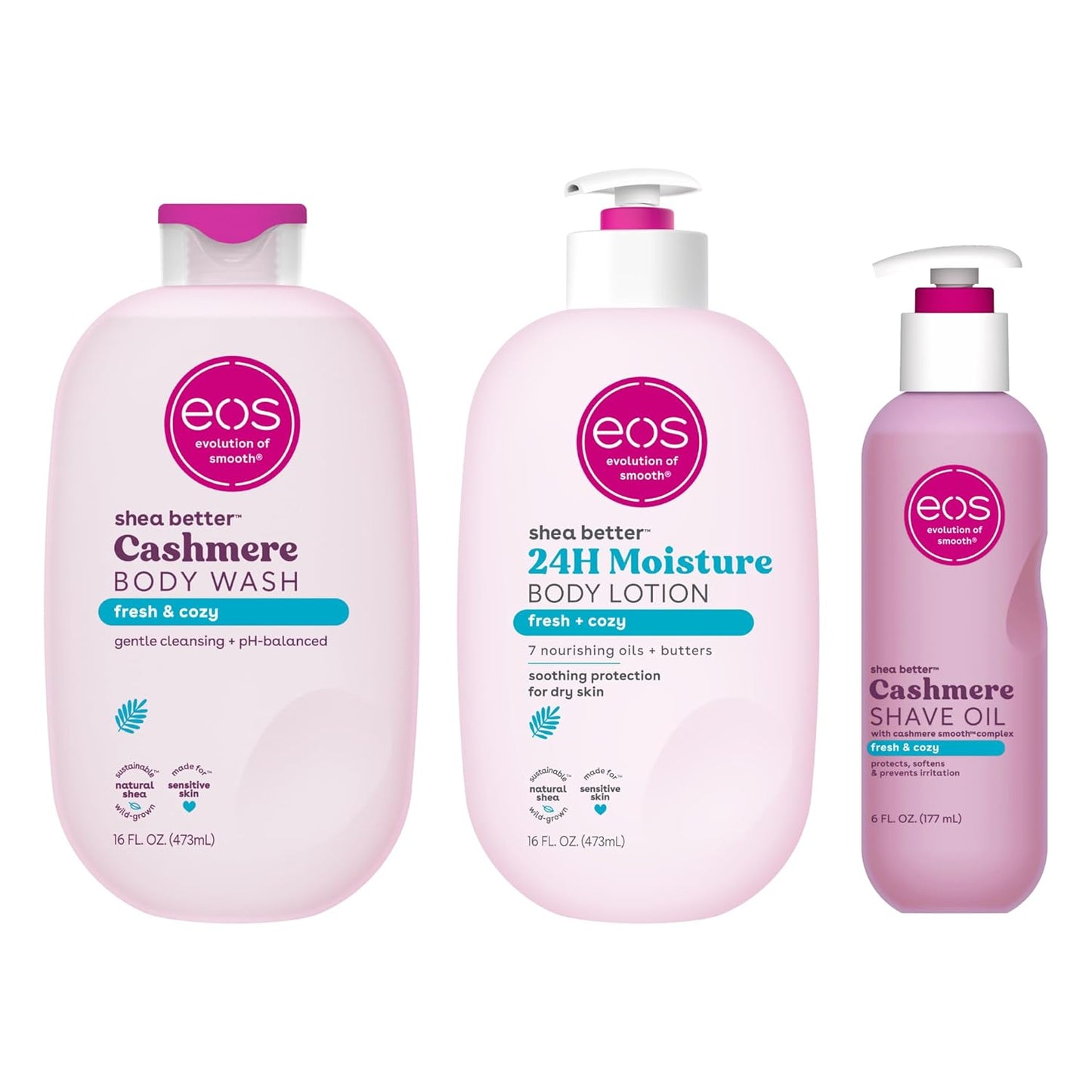 eos Shower Essentials Bundle- Body Lotion, Body Wash, Shave Oil - Fresh & Cozy